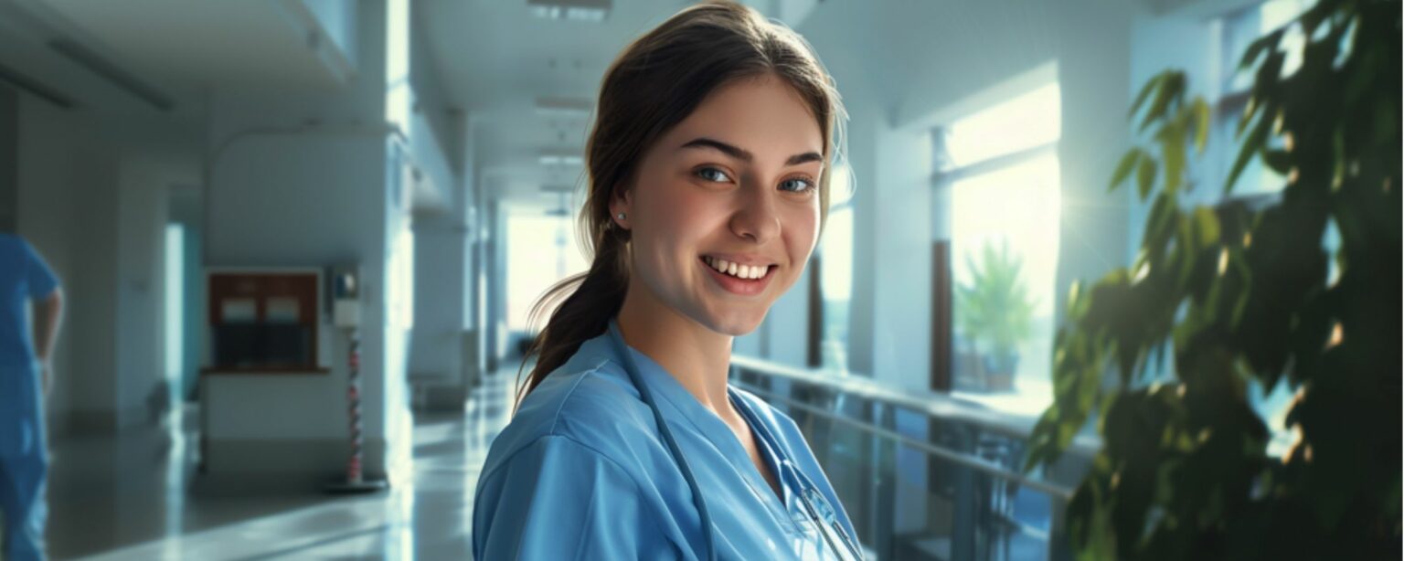 Young Nurse smiling at the camera in a hospital