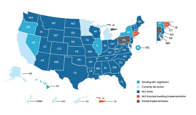 Picture of compact license states in US for nurses