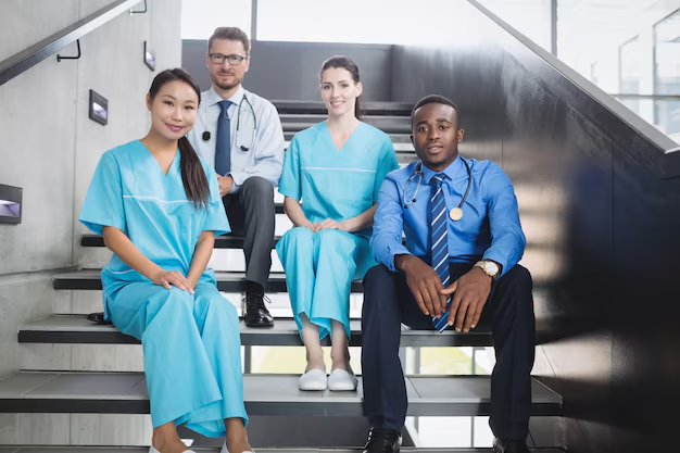Nurses sitting and smiling on hospital steps