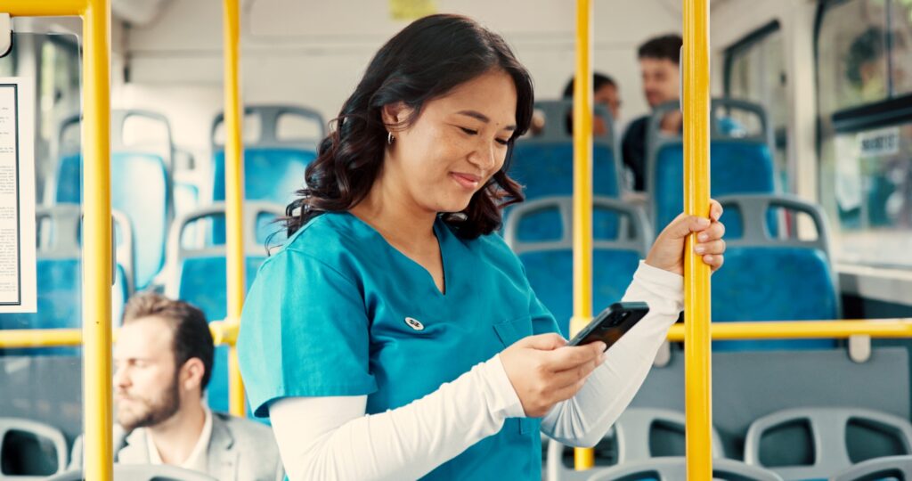 Nurse, travel and woman with phone on bus for transport schedule, destination and morning commute.