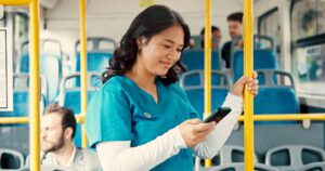 Nurse, travel and woman with phone on bus for transport schedule, destination and morning commute.