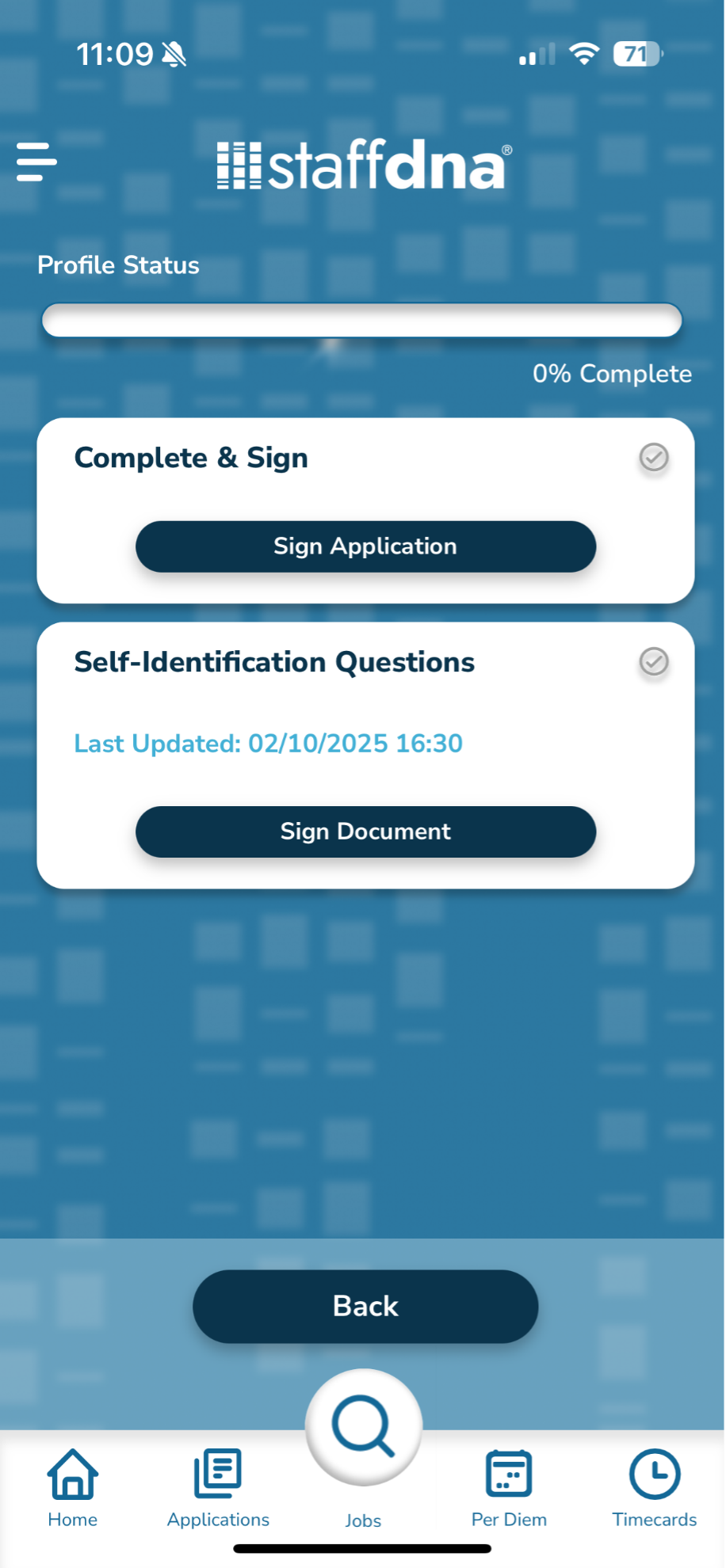 Complete and sign page in StaffDNA mobile app