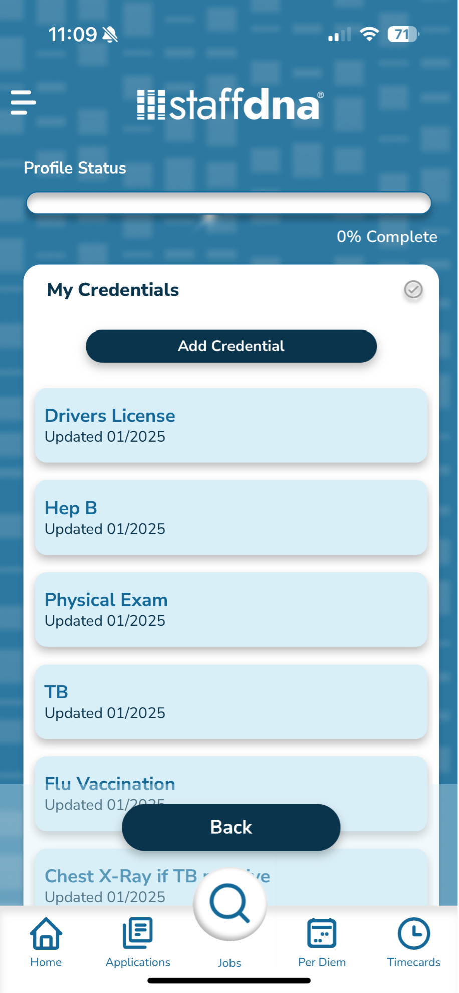 Credentials section of ther StaffDNA mobile app