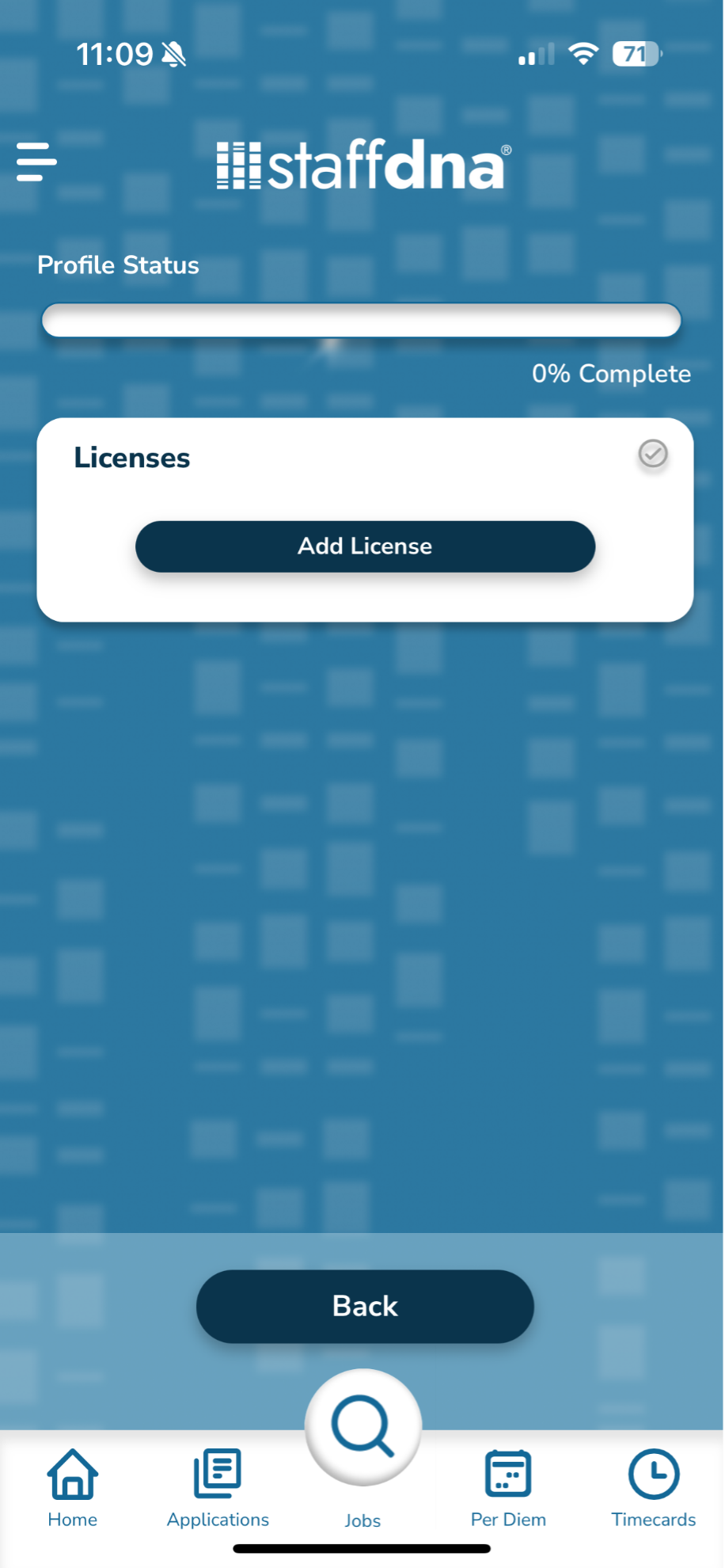 License section of the StaffDNA mobile app