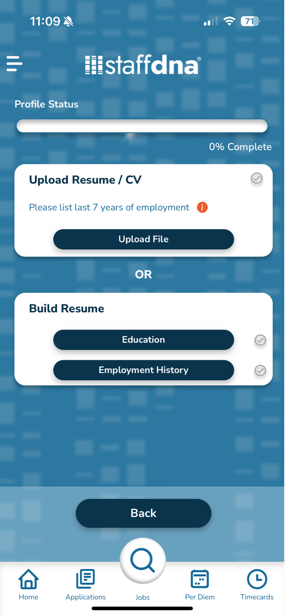 Resume section within the StaffDNA mobile app