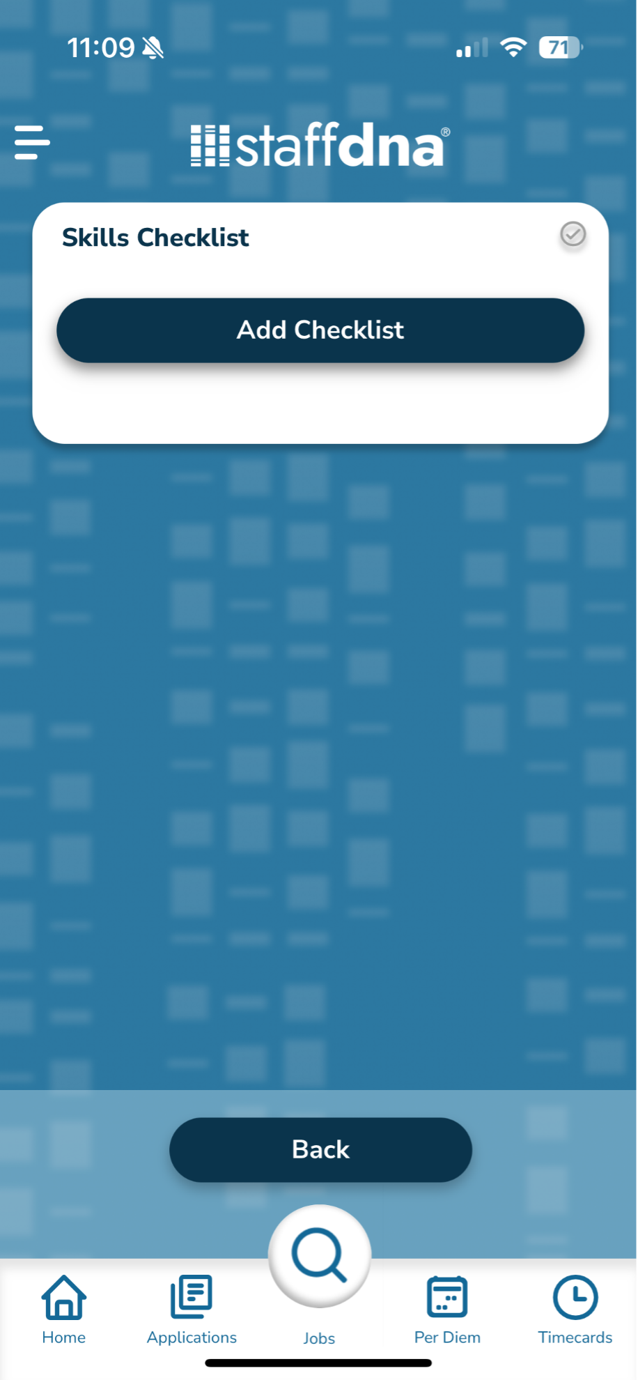 Picture of the skills checklist section of the StaffDNA mobile app