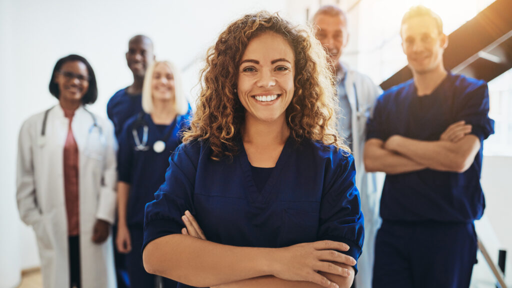 A group of empowering healthcare workers standing together